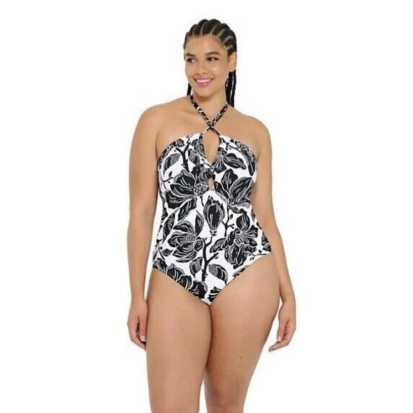 NWT Freshwater Keyhole Halter Black/White Floral 1-Piece Swimsuit Women’s Sz 2X - Picture 1 of 12